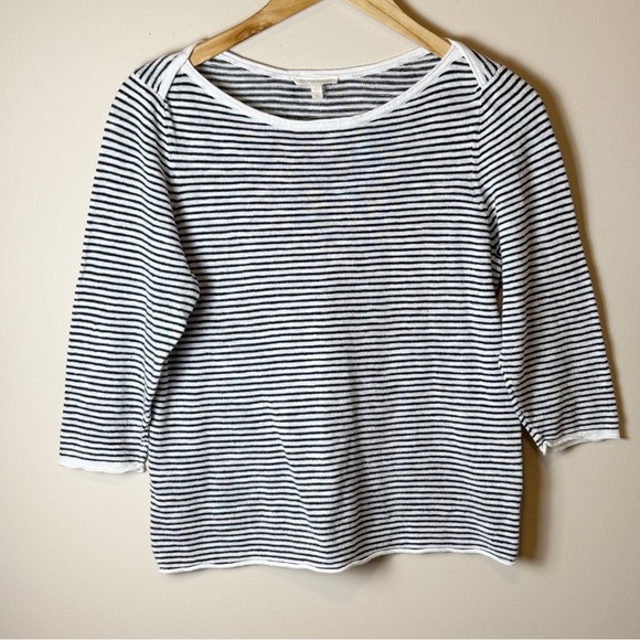 Eileen Fisher Organic Cotton Linen Blend Black and White Stripe Knit Top Size PM - Picture 1 of 6